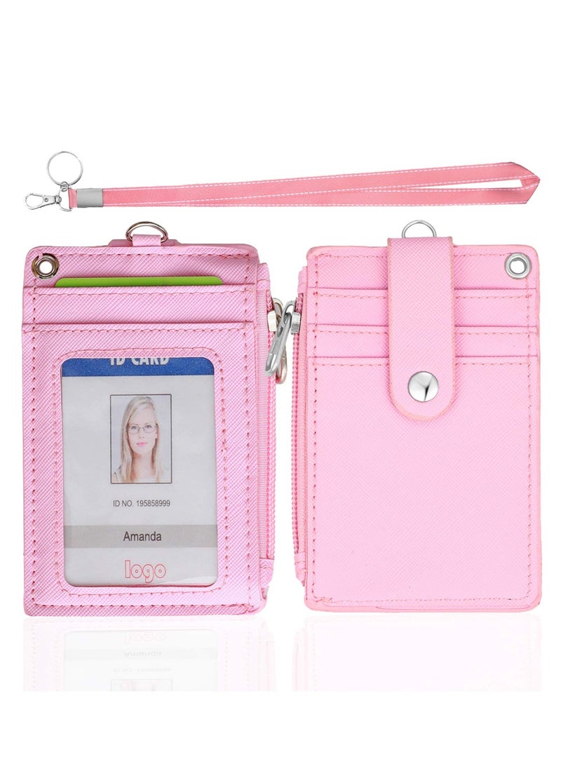 Excefore Badge Holder with Zipper, Cute Id Badge Holder Wallet Leather Credit Card Holder Zipper Wallet with Lanyard, 2 Sided 5 Card Slots and Key Chain for Boys and Girls  - Image 1
