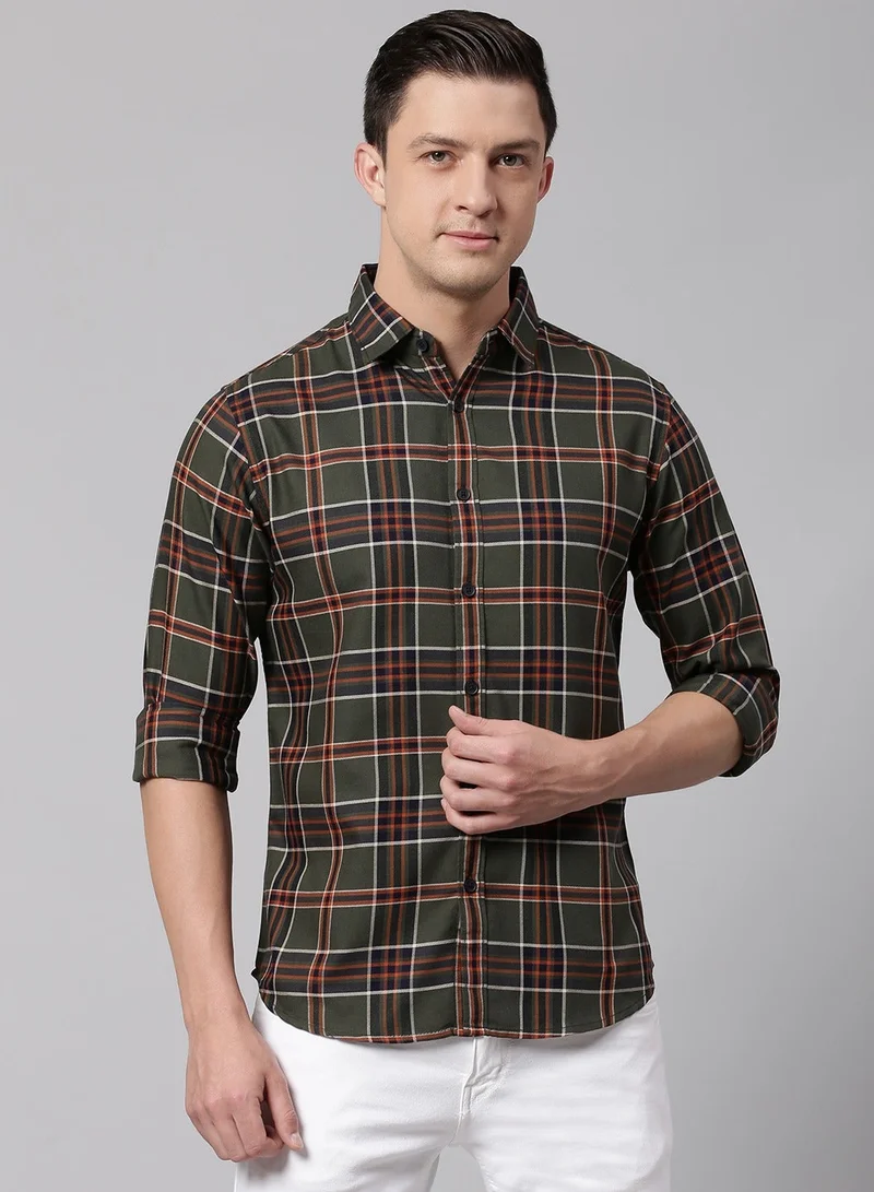 Dennis Lingo Slim Fit Green Men's Checkered Shirt, Spread Collar, Full Sleeves, 100% Cotton,
