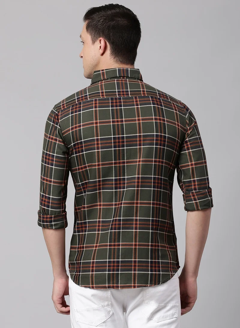 Dennis Lingo Slim Fit Green Men's Checkered Shirt, Spread Collar, Full Sleeves, 100% Cotton,