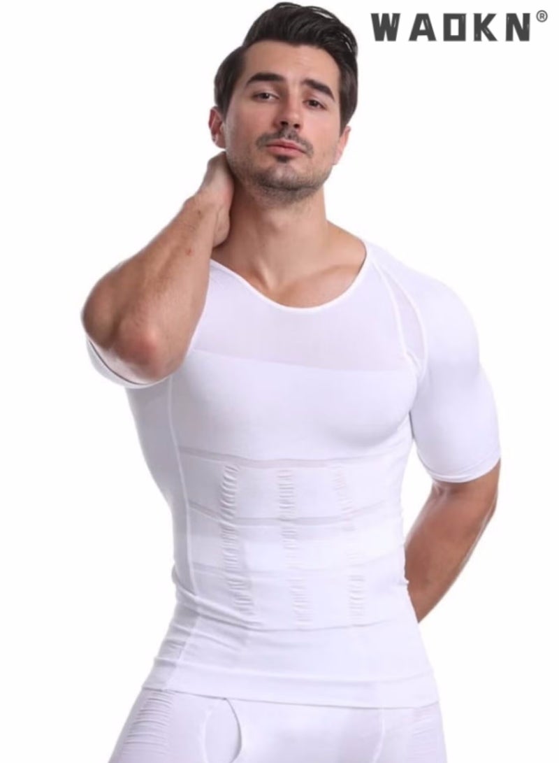 WAOKN Men's Short sleeves tank corset Compression Shirt Undershirt Slimming Tank Top Workout Vest Abs Abdomen Slim Body Shaper,Slimming baselayer T-Shirt,Workout Vest,Abs Abdomen Slim Body Shaper  - Image 1