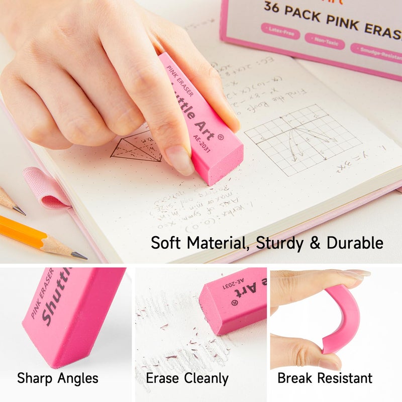 Shuttle Art Pink Erasers, 36 Pack Erasers Bulk, Latex-Free, No Smudge, Soft Eraser for Kids, Teachers, Homeschools, Art Classes and Back to School Supplies - Image 2