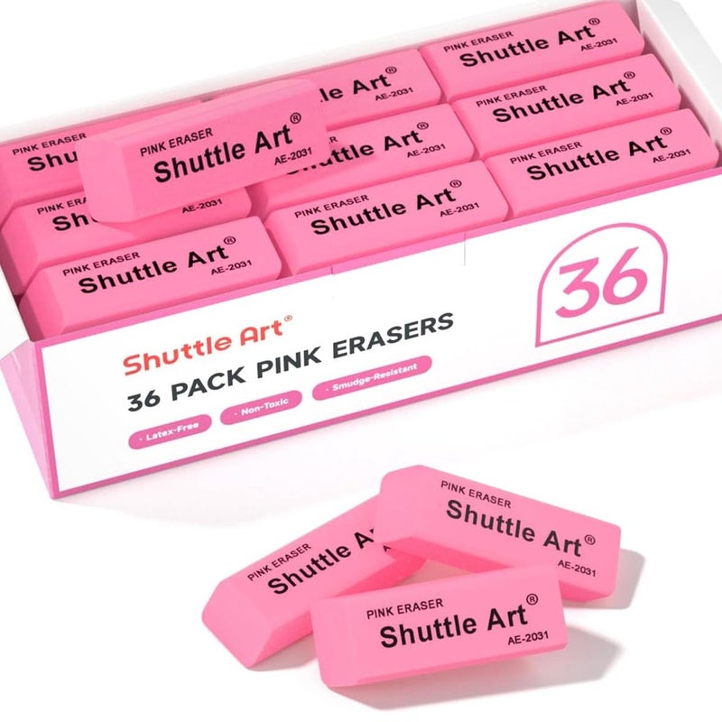 Shuttle Art Pink Erasers, 36 Pack Erasers Bulk, Latex-Free, No Smudge, Soft Eraser for Kids, Teachers, Homeschools, Art Classes and Back to School Supplies - Image 1