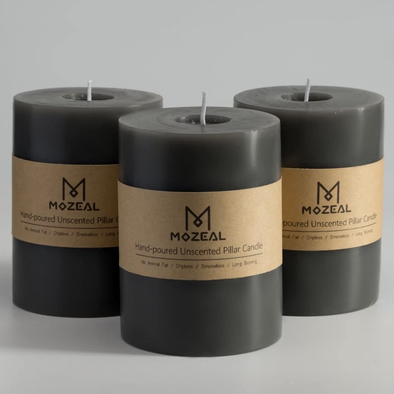MOZEAL 3" x 4" Hand-Poured Unscented Candle,Dripless Pillar Candle Set of 3,Long Clean Burning,Approx 72 Hours Burn Time,Rustic Country Style,Wedding,Dinner,Christmas and Home Decor,Dark Gray - Image 1