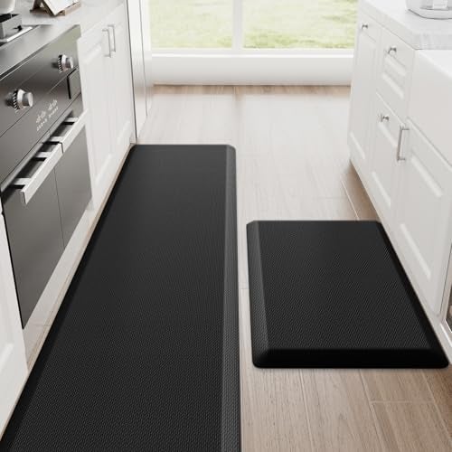 StepRite Kitchen Mats, 2PCS Kitchen Rugs, Cushioned Anti Fatigue Kitchen Mats for Floor, Non-Slip Standing Desk Mat, Waterproof Kitchen Rug Set for Kitchen, 20" x 32"+20" x 72"-Full 1 inch Thick,Black - Image 1
