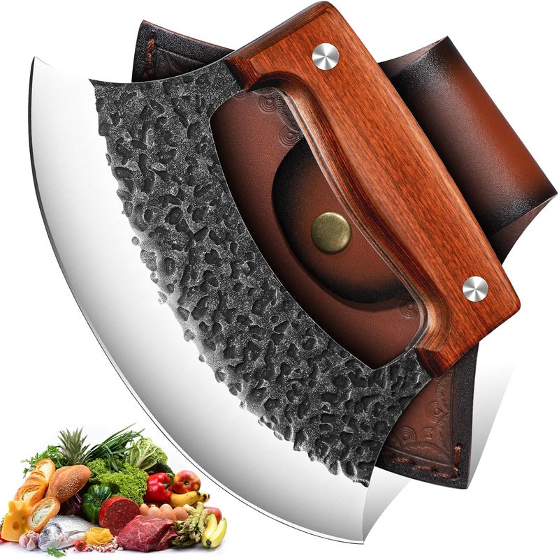 Tivoli Hand-Forged Ulu Knife – Full Tang High Carbon Steel, Japanese-Inspired with Sheath & Gift Box, Mezzaluna Rocker Knife & Pizza Cutter for Kitchen, Camping&BBQ, Christmas Gifts for Men and Women - Image 1