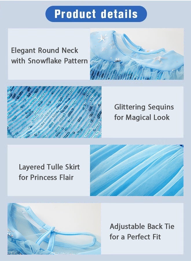 شبيلي فستان تنكري لأميرة الثلج للبنات مع طقم تنكري 8 قطع، فستان سهرة بترتر متلألئ مع تاج وعصا سحرية ومجوهرات وجديلة وحقيبة، مناسب للحفلات وأعياد الميلاد والهالوين للبنات من 2–9 سنوات، مقاس 100–150 سم - Image 3