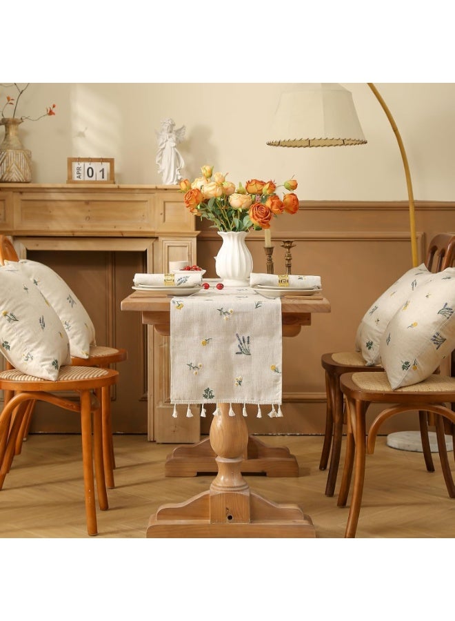 SYOSI Farmhouse Table Runner, Embroidered Cotton Linen Table Runner, Floral Embroidery Tablerunner with Tassels, Daisy and Lavender Rustic Vintage Decor, Dining Room, Kitchen, Cafe, Home Accent, 30x150cm - Image 4