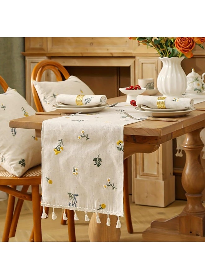 SYOSI Farmhouse Table Runner, Embroidered Cotton Linen Table Runner, Floral Embroidery Tablerunner with Tassels, Daisy and Lavender Rustic Vintage Decor, Dining Room, Kitchen, Cafe, Home Accent, 30x150cm - Image 1