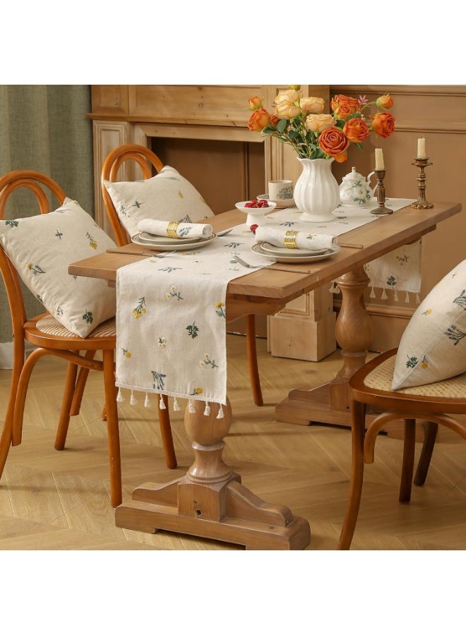 SYOSI Farmhouse Table Runner, Embroidered Cotton Linen Table Runner, Floral Embroidery Tablerunner with Tassels, Daisy and Lavender Rustic Vintage Decor, Dining Room, Kitchen, Cafe, Home Accent, 30x150cm - Image 3