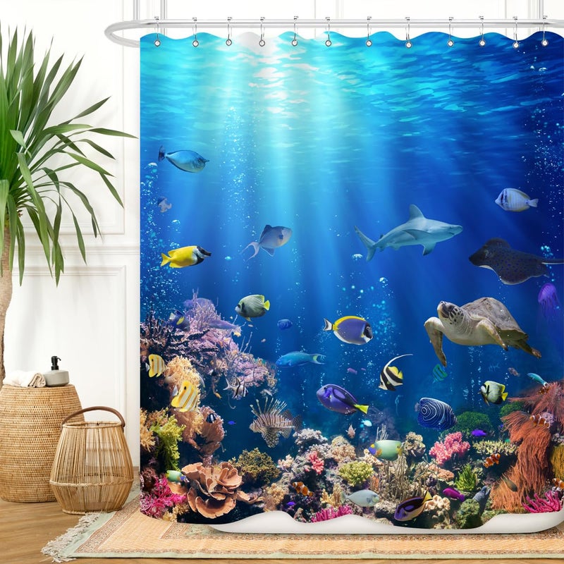 ZXMBF Ocean Underwater World Shower Curtain Colorful Tropical Fishes Turtle Coral in The Deep Sea Home Dcor Waterproof Fabric 72Lx60W Inch Blue Plastic Hooks 12PCS