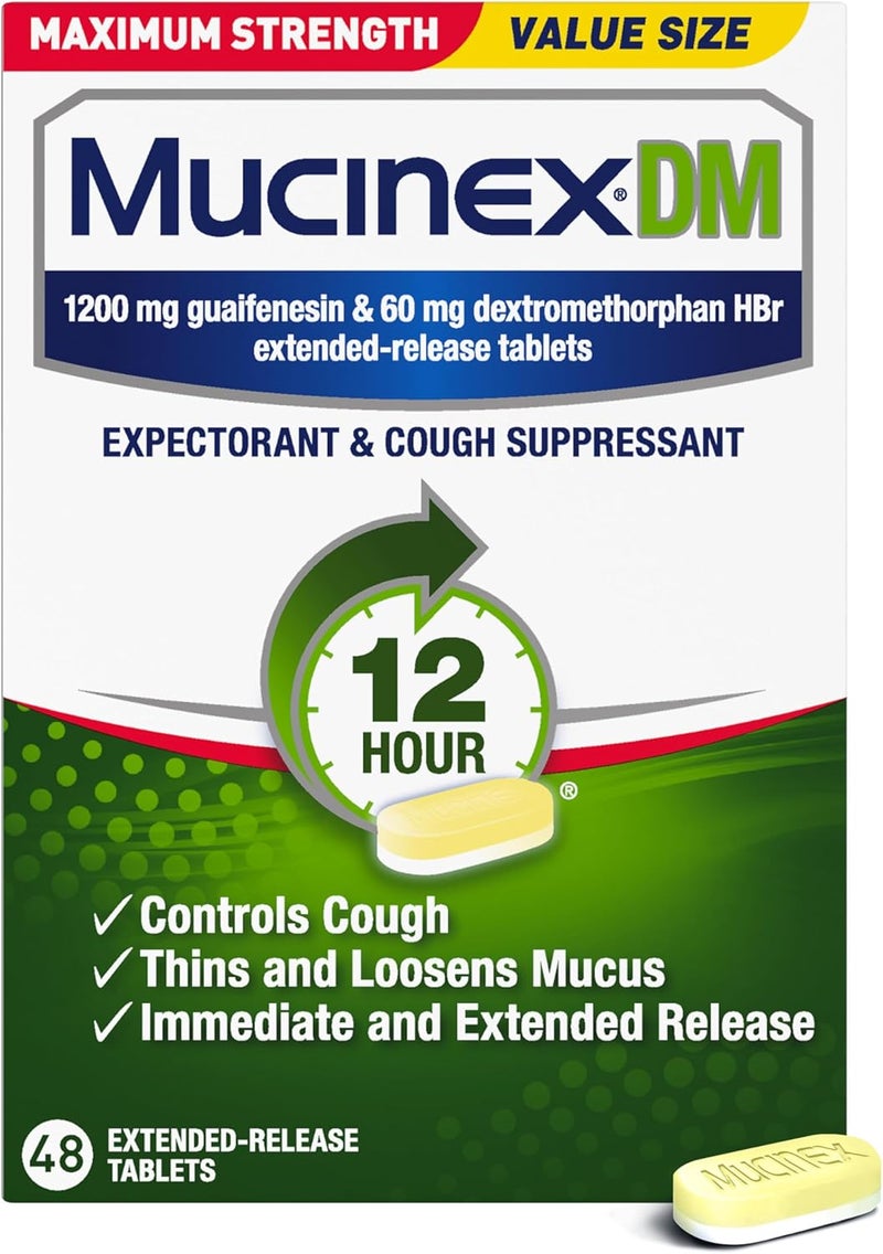 MUCINEX دواء السعال والبرد DM 12 ساعة للقوة القصوى لاحتقان الصدر للبالغين دواء البرد والسعال لتخفيف المخاط الزائد 1200 ملغ جوايفينيسين 60 ملغ ديكستروميثورفان HBr 48 قرص ثنائي الطبقة - Image 1
