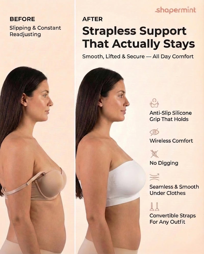 SHAPERMINT Strapless Bras for Women - Bandeau Bra, Small to Plus Size Bras for Women, Strapless Top White - Image 5