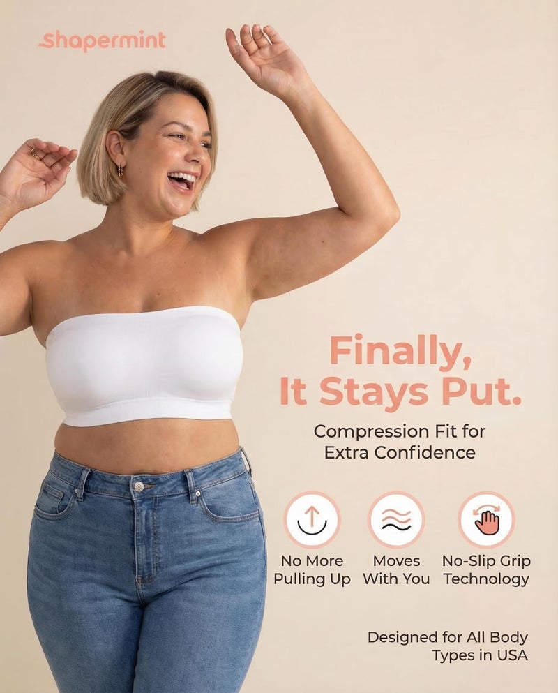 SHAPERMINT Strapless Bras for Women - Bandeau Bra, Small to Plus Size Bras for Women, Strapless Top White - Image 2
