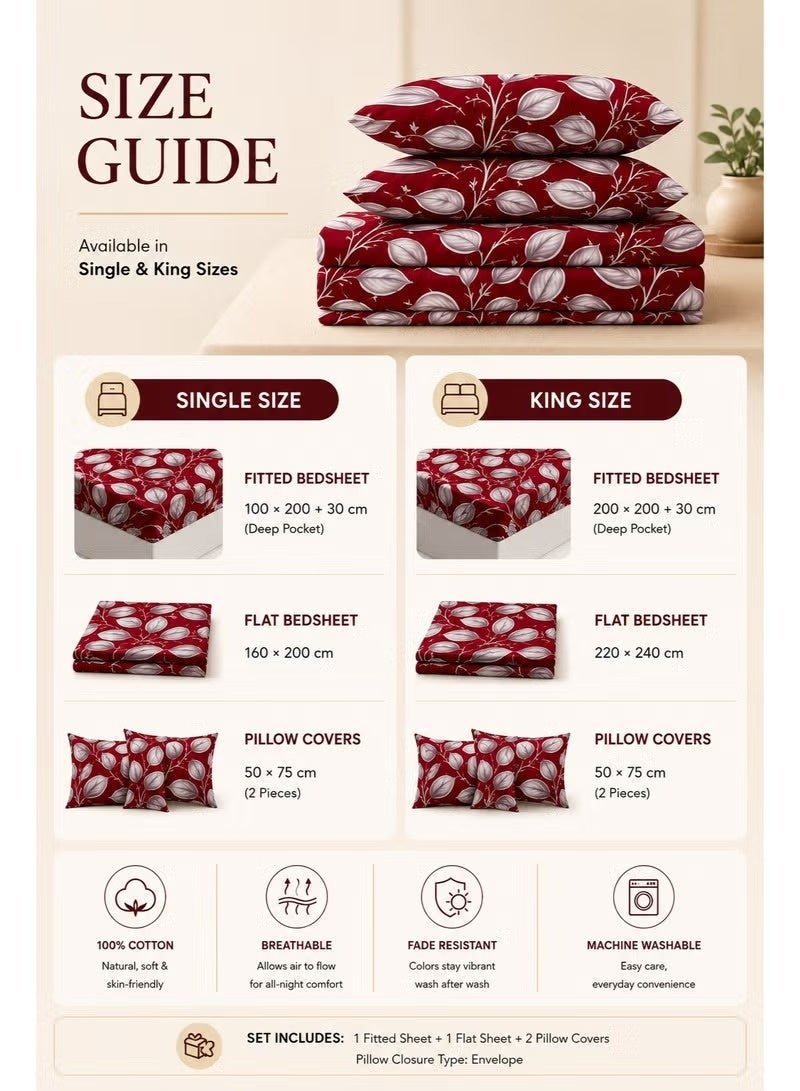 ZEESQUARE 4-Piece Premium Cotton Bedsheet Set Red Honeycomb Leaf Design | Luxury Printed Bed Sheet Set with 1 Fitted Sheet, 1 Flat Sheet & 2 Pillowcases | 100% Cotton Soft Comfortable Bedding Set for King & Single Beds - Image 5