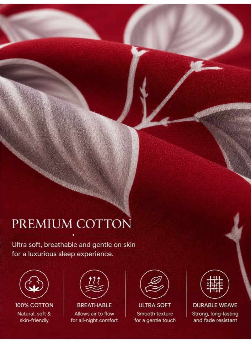 ZEESQUARE 4-Piece Premium Cotton Bedsheet Set Red Honeycomb Leaf Design | Luxury Printed Bed Sheet Set with 1 Fitted Sheet, 1 Flat Sheet & 2 Pillowcases | 100% Cotton Soft Comfortable Bedding Set for King & Single Beds - Image 2
