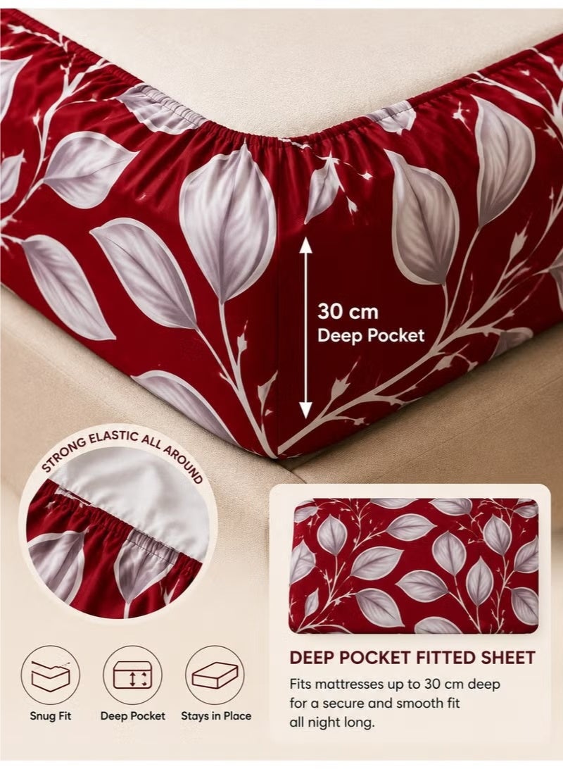 ZEESQUARE 4-Piece Premium Cotton Bedsheet Set Red Honeycomb Leaf Design | Luxury Printed Bed Sheet Set with 1 Fitted Sheet, 1 Flat Sheet & 2 Pillowcases | 100% Cotton Soft Comfortable Bedding Set for King & Single Beds - Image 3