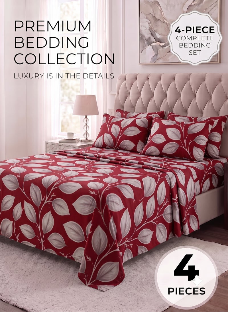 ZEESQUARE 4-Piece Premium Cotton Bedsheet Set Red Honeycomb Leaf Design | Luxury Printed Bed Sheet Set with 1 Fitted Sheet, 1 Flat Sheet & 2 Pillowcases | 100% Cotton Soft Comfortable Bedding Set for King & Single Beds - Image 1