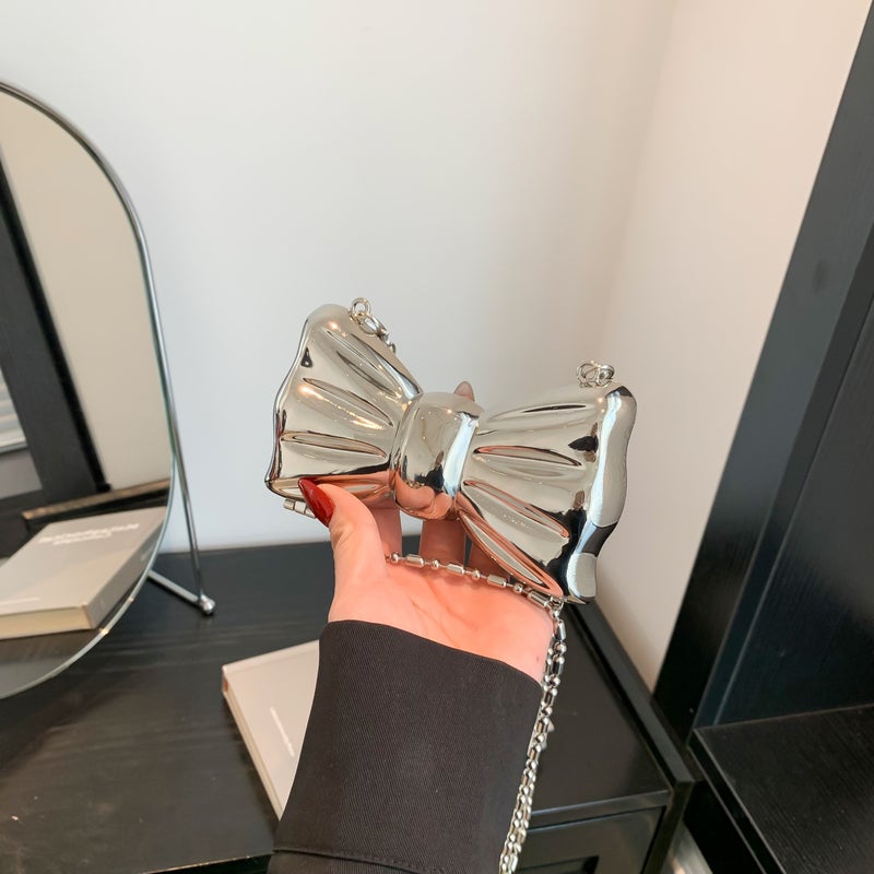 Chain Decoration Design Mini Oblique Metal Bow Bag Clothes Women'S Bag Korean Style Cross Textual Bag All-Match - Image 2