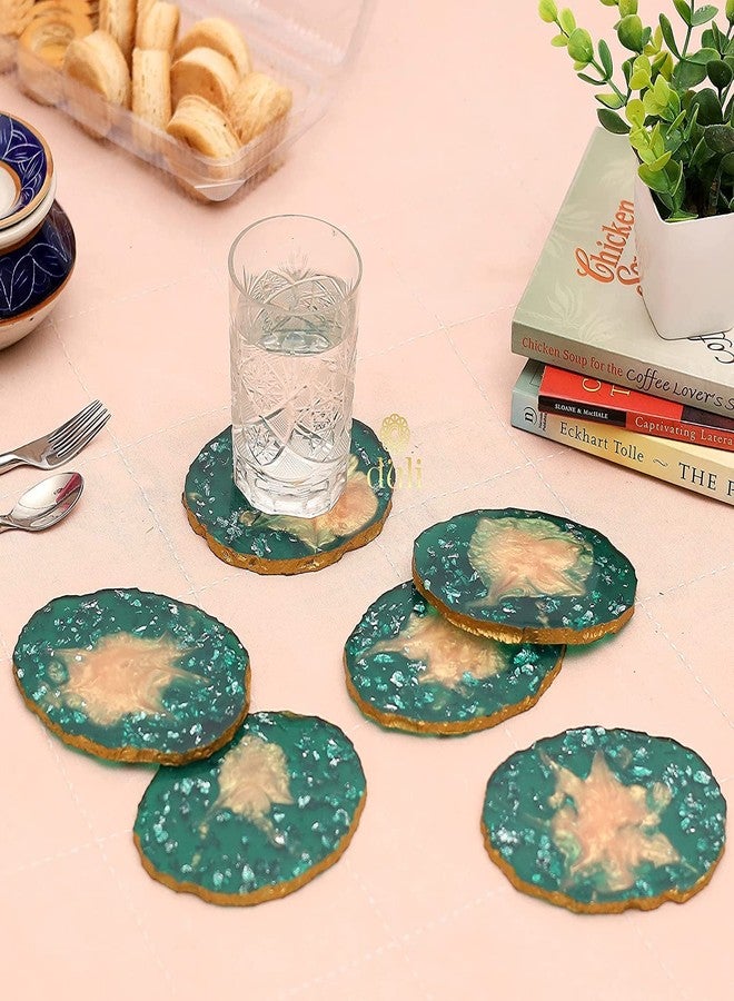 DULI Set of 6 Premium Resin Coasters Tea,Coffee Coasters, Resin Coaster Set, Tea Coasters, Chai Coasters, Oval Coasters (10 * 8 cm) (MCDRCS6-GreenMetallicFlakes) - Image 1