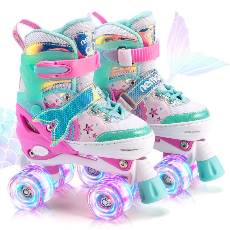 NEMONE Mermaid 4 Size Adjustable Light up Roller Skates for Girls Green Rose Skates for Toddlers Beginner Kids Roller Skates Indoor Outdoor Green L