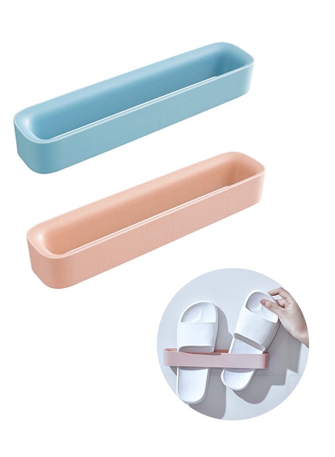 2 Pcs Wall Mounted Slippers Rack Organizer, Bathroom Waterproof ABS Storage Hanging Shoe Holders for Door, MultiFunction Slippers Hanger Shoe Rack (Pink+Blue)  - Image 1