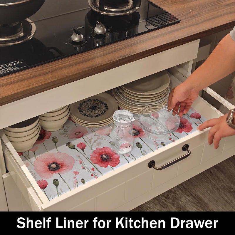 Amiitay Floral Shelf Liners Strong Non-Slip and Non Adhesive Shelf and Drawer Liners for Kitchen Cabinet Wire Fridge, Waterproof Shelf Drawer Liner,Easy to Clean,12IN x 10FT,Red - Image 3