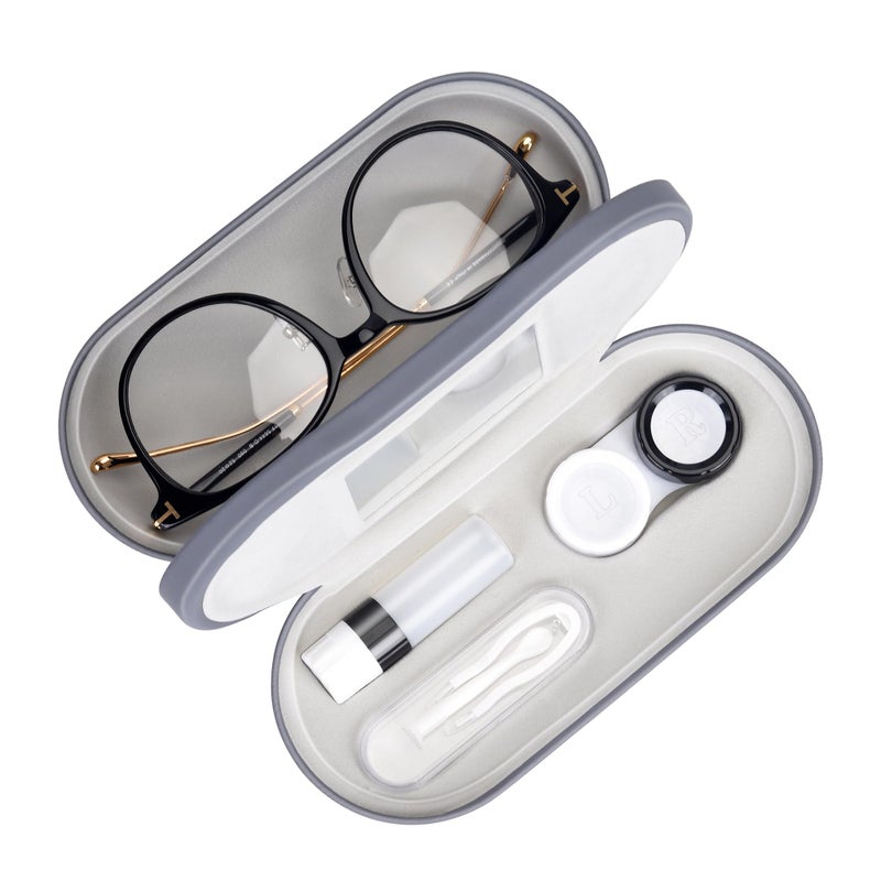 Muf 2 in 1 Contact Lens Case and Glasses Case, Double Sided Design with Mirror, Portable Travel Kit with Tweezer, Remover and Solution Bottle, Grey - Image 1