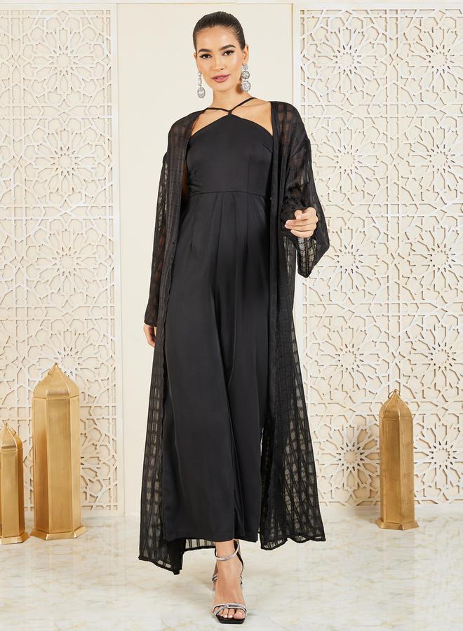 Styli Halter Neck Jumpsuit and Check Sheer Abaya Set  - Image 1