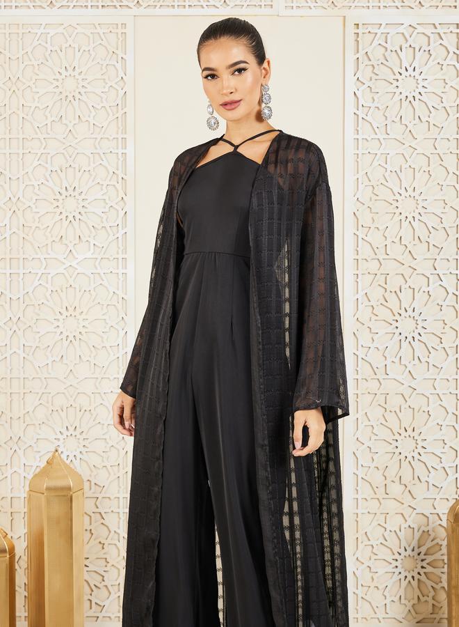 Styli Halter Neck Jumpsuit and Check Sheer Abaya Set  - Image 3