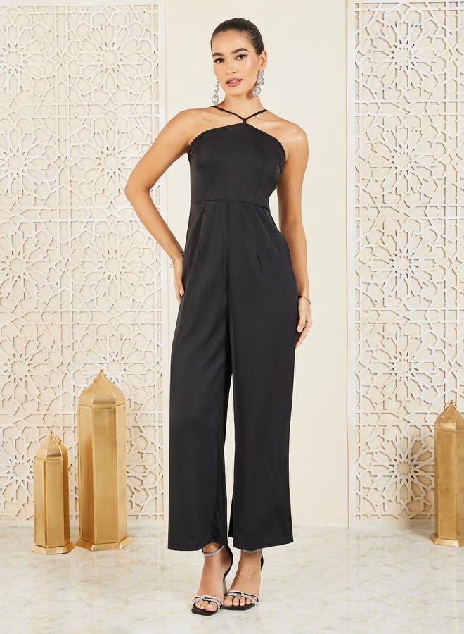Styli Halter Neck Jumpsuit and Check Sheer Abaya Set  - Image 2