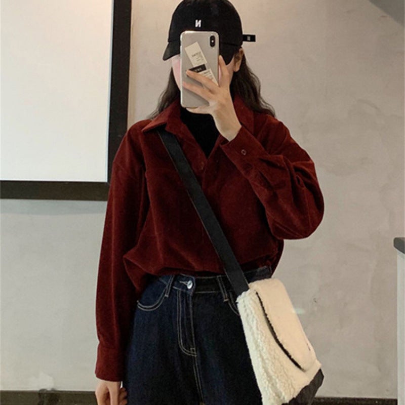 Autumn Winter Mock-Layered Long Sleeve Shirt 880 wine red with pockets fabric