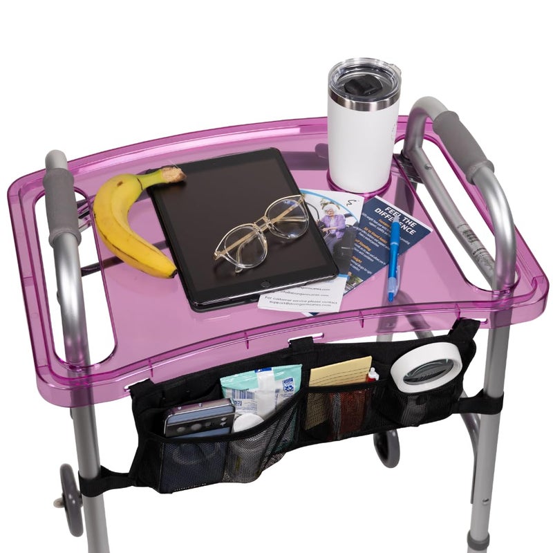 StrongArm Clear View Walker Tray Bag NonSlip Mat Cup Holder Tray for Folding Walkers Food Tray Walker Accessories Tray Table for Standard Adult Walkers Purple - Image 3