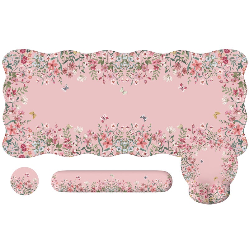 iCasso Desk Mat Set,Large Mouse Pad with Wrist Rest,Ergonomic Keyboard Wrist Support for Women,Girly Floral Computer Mat with Scalloped Edges,Non-Slip Desk Pad Home Office Gaming (Pink) - Image 1