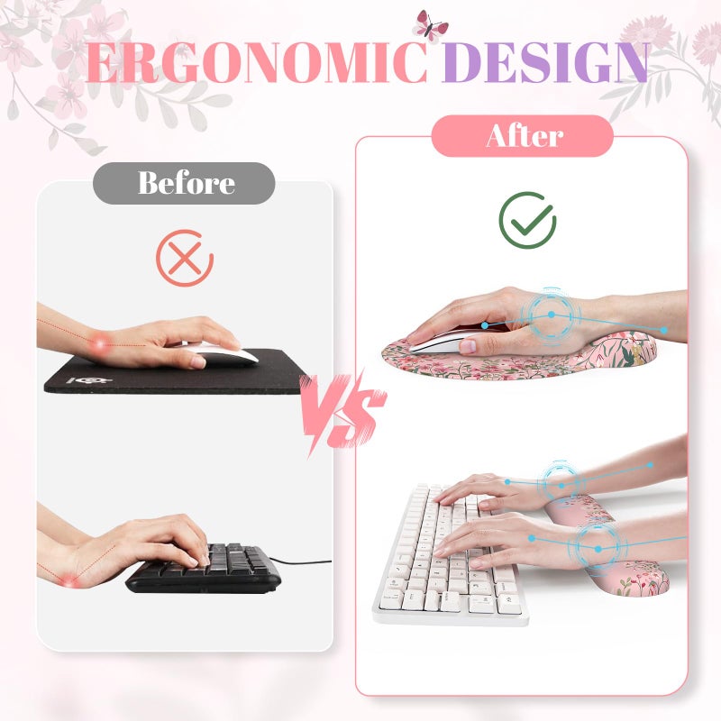 iCasso Desk Mat Set,Large Mouse Pad with Wrist Rest,Ergonomic Keyboard Wrist Support for Women,Girly Floral Computer Mat with Scalloped Edges,Non-Slip Desk Pad Home Office Gaming (Pink) - Image 3