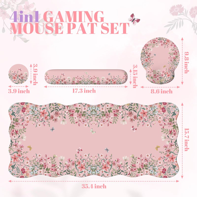 iCasso Desk Mat Set,Large Mouse Pad with Wrist Rest,Ergonomic Keyboard Wrist Support for Women,Girly Floral Computer Mat with Scalloped Edges,Non-Slip Desk Pad Home Office Gaming (Pink) - Image 5