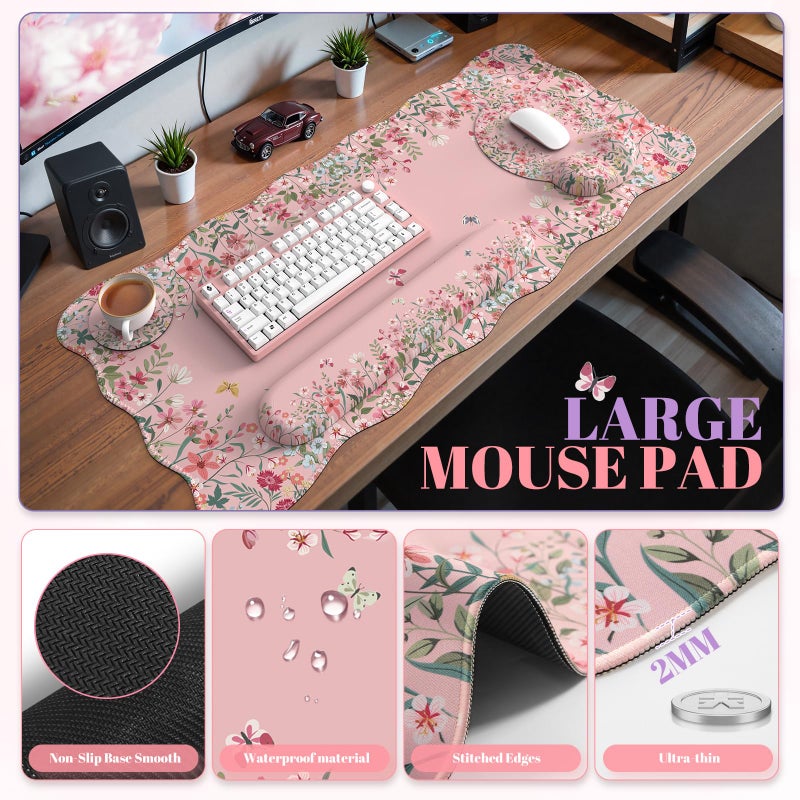 iCasso Desk Mat Set,Large Mouse Pad with Wrist Rest,Ergonomic Keyboard Wrist Support for Women,Girly Floral Computer Mat with Scalloped Edges,Non-Slip Desk Pad Home Office Gaming (Pink) - Image 2