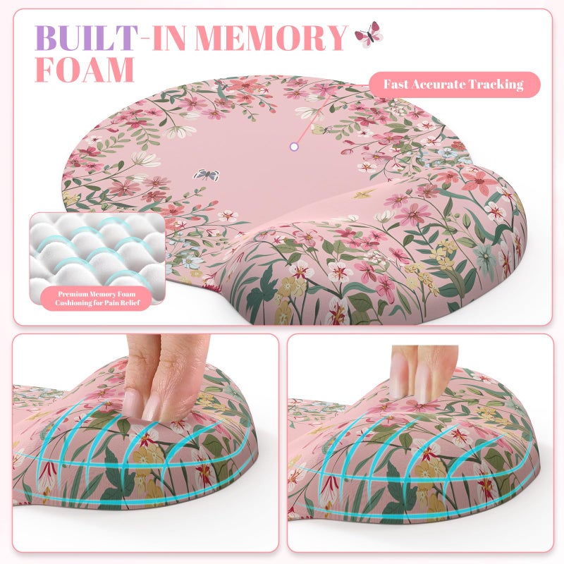 iCasso Desk Mat Set,Large Mouse Pad with Wrist Rest,Ergonomic Keyboard Wrist Support for Women,Girly Floral Computer Mat with Scalloped Edges,Non-Slip Desk Pad Home Office Gaming (Pink) - Image 4