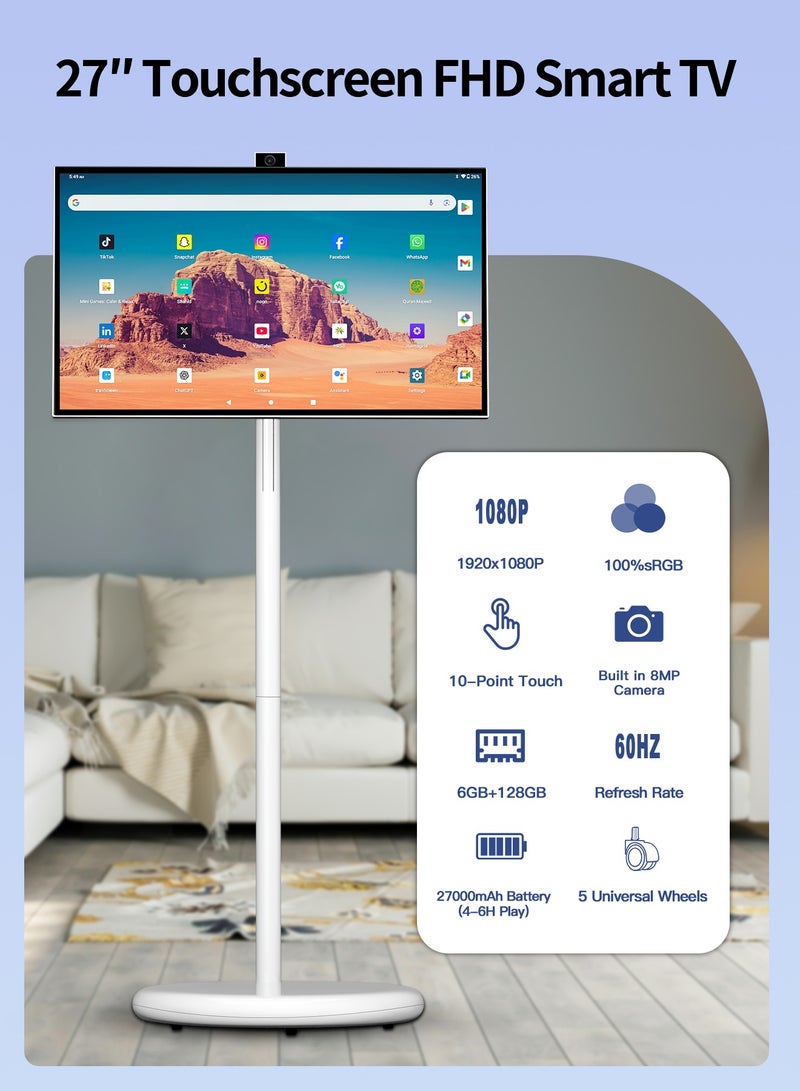 VLH 27 Inch Portable Smart TV,1080P Touchscreen Android Monitor on Wheels,8MP Camera,4-6H Battery,6+128GB Storage,Rotatable Display for Home/Office/Outdoor,Arabic & Google Play  - Image 2