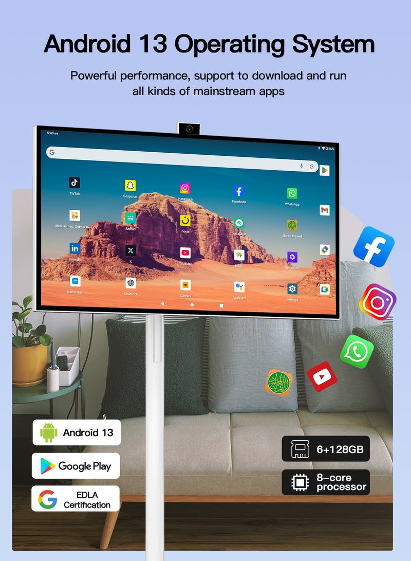 VLH 27 Inch Portable Smart TV,1080P Touchscreen Android Monitor on Wheels,8MP Camera,4-6H Battery,6+128GB Storage,Rotatable Display for Home/Office/Outdoor,Arabic & Google Play  - Image 3