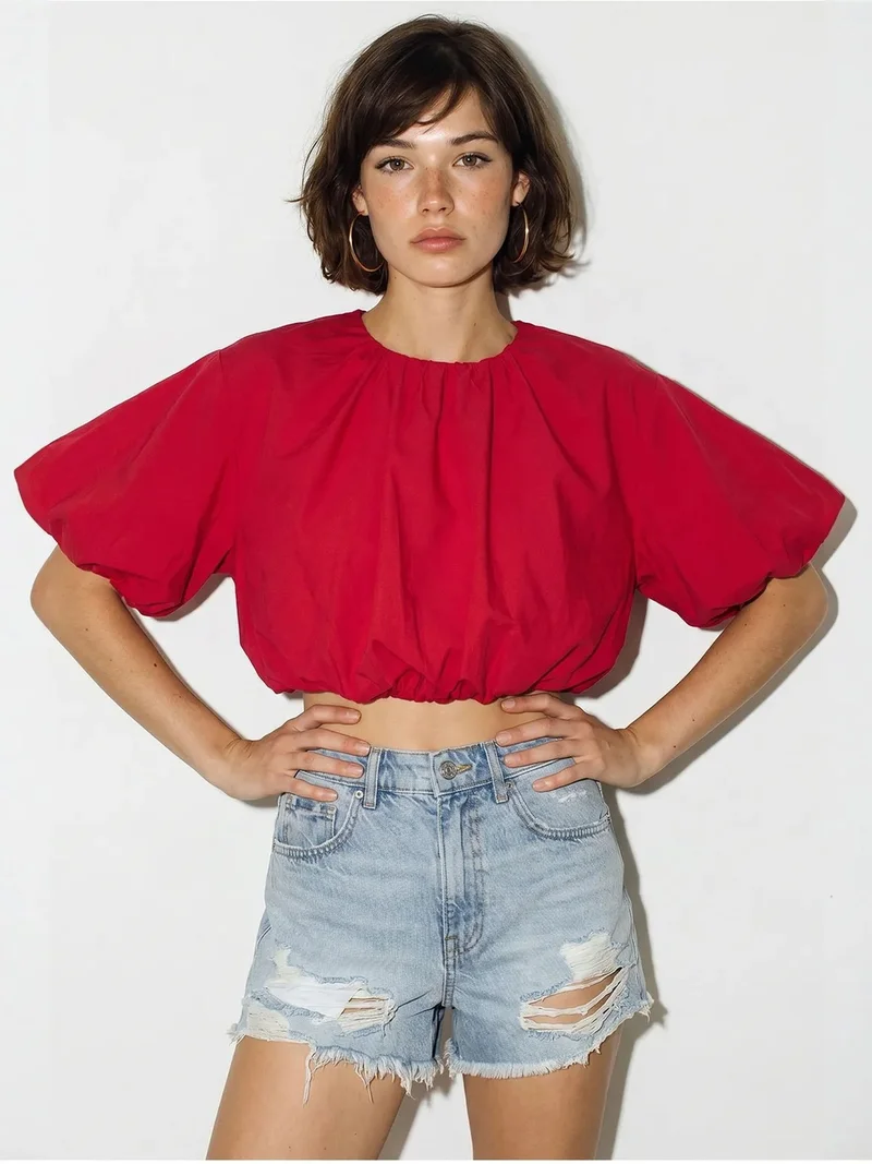 بيانكو لوتشي LUCCI Crop Poplin Blouse With Crew Neck
