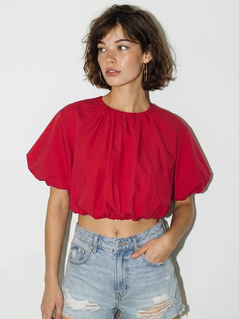 بيانكو لوتشي LUCCI Crop Poplin Blouse With Crew Neck