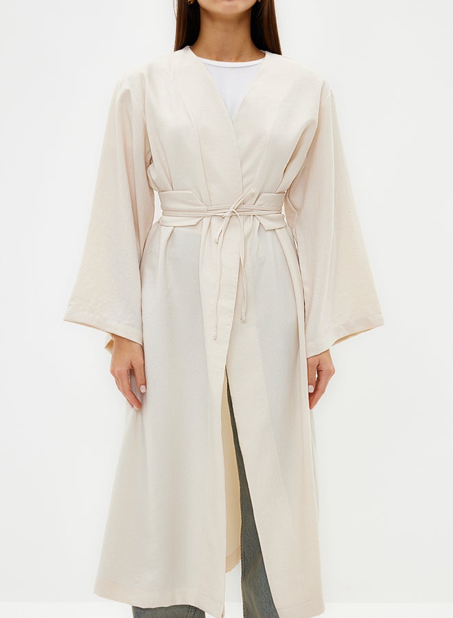 trendyol Stone Waist Tie Detail Linen Look Woven Kimono & Kaftan - Image 4