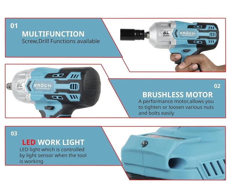 KROST Pro Series 1000NM Cordless Impact Wrench 1/2", Brushless Motor, Auto Stop Function, Variable Speed Forward/Reverse Rotation (Battery & Charger Not Included) - Image 2