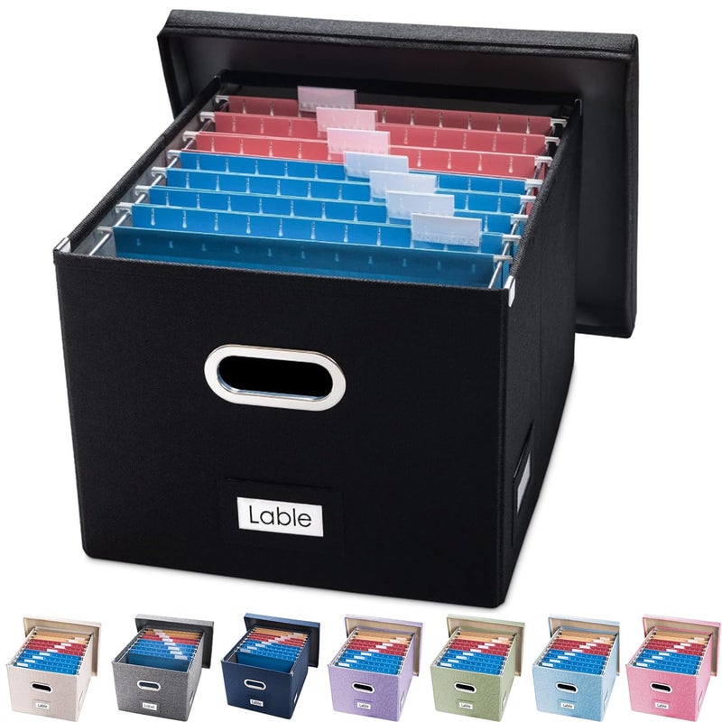 PRANDOM File Organizer Box Set of 1 Collapsible Decorative Linen Filing Storage Hanging File Folders with Lids Office Cabinet LetterLegal Size Black 17x14x112 inch