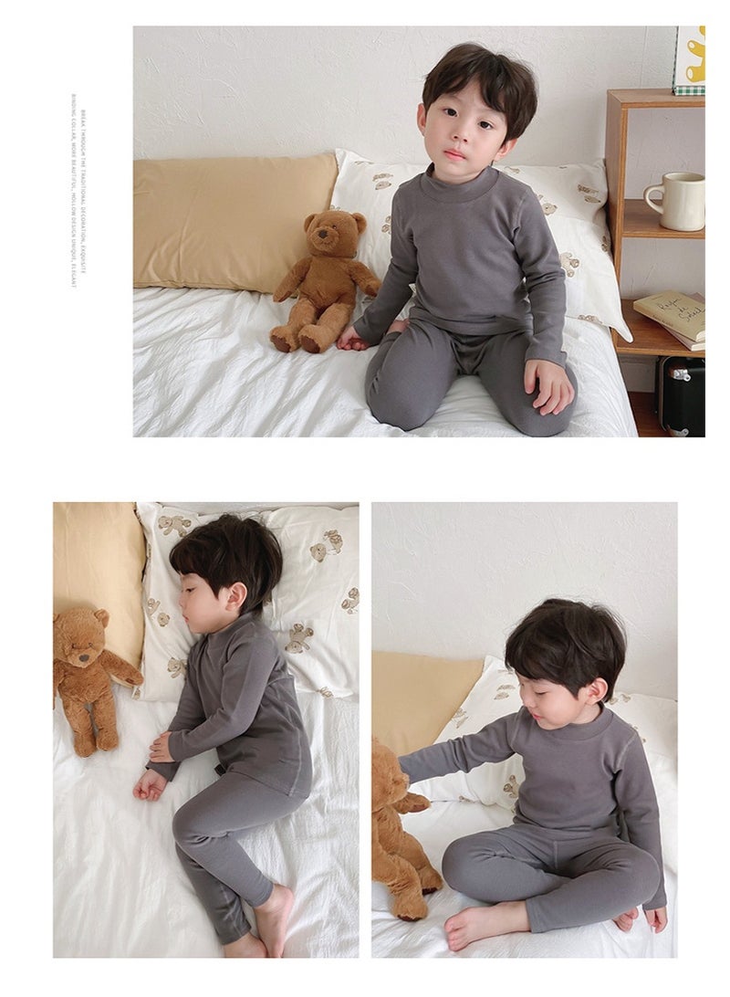 تابيت مجموعة ملابس داخلية حرارية الشتاء للأطفال ، طبقة قاعدة القطن الممشوكة عالية الرقبة للأطفال ، مجموعة بيجاما دافئة سميكة للأولاد البنات (رمادي-130 سم) - Image 5