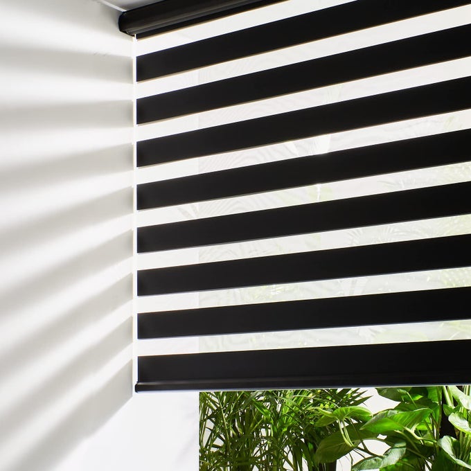 CORDLESS ZEBRA BLINDS FOR WINDOWS FREESTOP ROLLER WINDOWS SHADES 34 W X 72 H BLACK DUAL LAYER LIGHT CONTROL FOR DAY AND NIGHT LIGHT FILTERING SHEER SHADES FOR HOME EASY TO INSTALL