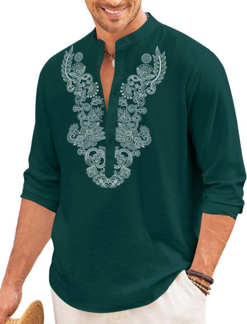 FINIVO FASHION Men’s Cotton Blend Short Kurta with Full Sleeves and Ethnic Neck Design | Casual Crinkle Texture Kurta with Mandarin Collar Green - Image 1