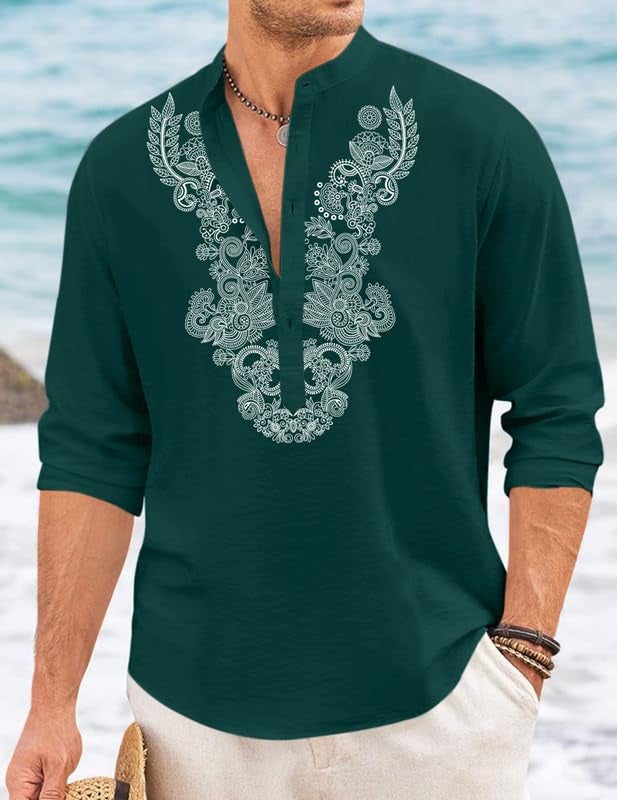 FINIVO FASHION Men’s Cotton Blend Short Kurta with Full Sleeves and Ethnic Neck Design | Casual Crinkle Texture Kurta with Mandarin Collar Green - Image 4