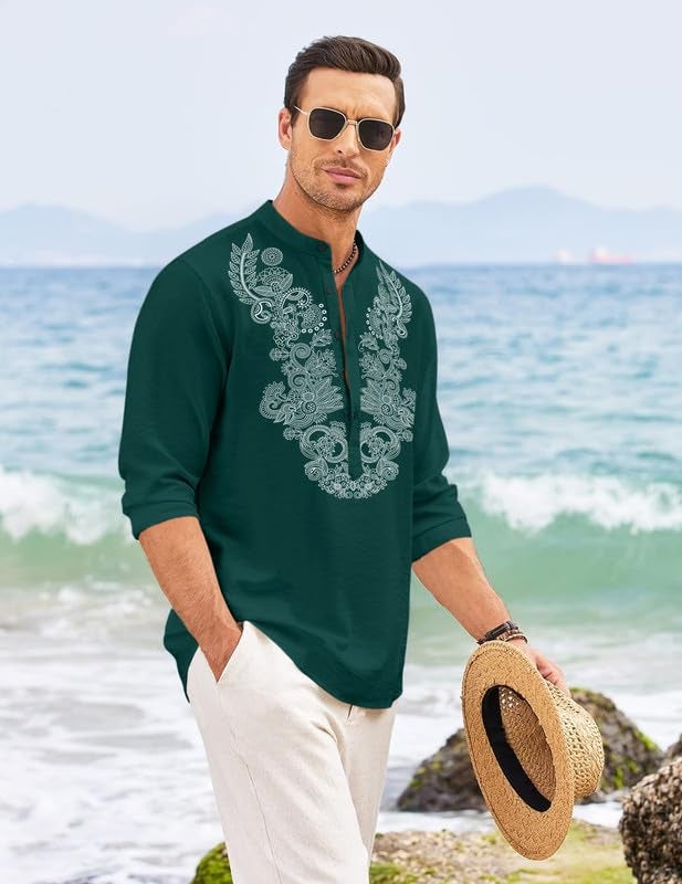 FINIVO FASHION Men’s Cotton Blend Short Kurta with Full Sleeves and Ethnic Neck Design | Casual Crinkle Texture Kurta with Mandarin Collar Green - Image 2