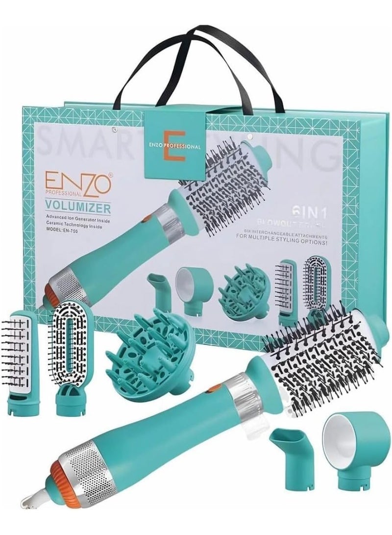 ENZO Professional فرشاة إنزو EN-750 6 في 1 لتكثيف الشعر – مجفف شعر بجودة صالون وفرشاة دائرية لتصفيف الشعر الناعم واللامع والخالي من التجاعيد – أداة تجفيف وتصفيف بخطوة واحدة لجميع أنواع الشعر - النسخة الدولية - Image 1